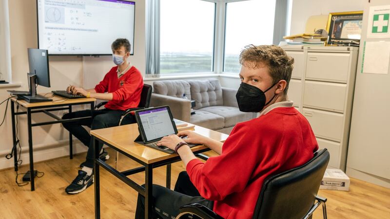 Matthew Ó Laithleoir and Caelán Ó Coileáin-Cuinn during an online physics class, at Coláiste Naomh Eoin, on Inis Meáin. Photograph: Cormac Coyne