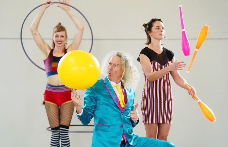 Performers Con Horgan (centre), Gill Byrne (left) and Kim McCafferty at the National Circus Festival of Ireland. Photograph: Brian Lawless/PA