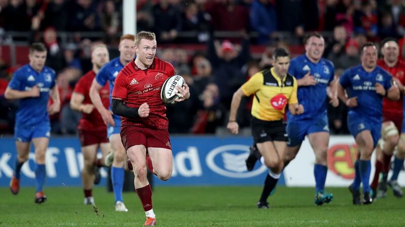 Keith Earls runs clear to score a try for Munster against Leinster during the Guinness Pro14 clash at  Thomond Park. Photograph: Dan Sheridan/Inpho