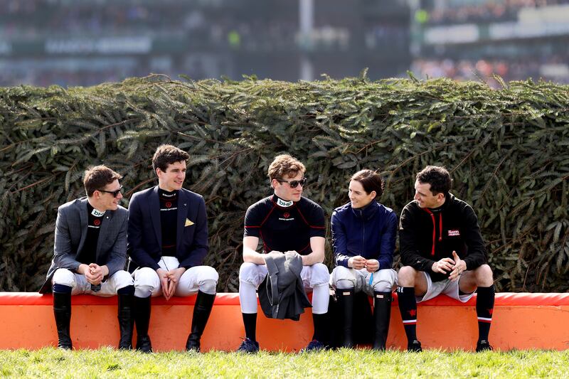 Rachael Blackmore with fellow jockeys Paul Townend, Mark Enright, David Mullins and Patrick Mullins on Grand National day at Aintree in 2019. Photograph: Michael Steele/Getty Images