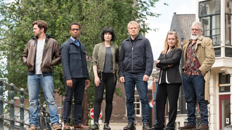 Marc Warren (centre) and the team in Van der Valk