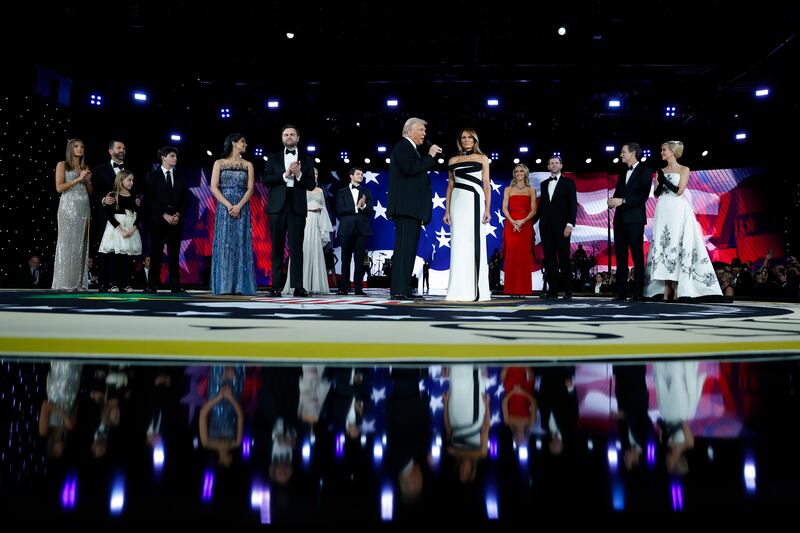 Donald Trump jnr, Usha Chilukuri Vance, US vice president JD Vance, Donald Trump, Melania Trump, Lara Trump, Eric Trump, Jared Kushner and Ivanka Trump at the Liberty Inaugural Ball. Photograph: Anna Moneymaker/Getty Images/Bloomberg 