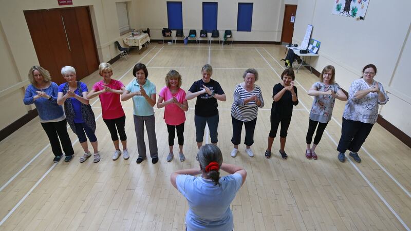 T’ai chi  for Arthritis class in Greystones, Wicklow. Pictured is Susan O’Sullivan (back to camera) with the group (from left) Mary McGee; Mary Rose Doyle; Vivienne Adams; Gwen Gannon; Pauline O’Sullivan; Fiona Alstom; Margaret Smyth; Gloria Farrell; Muriel Beckett and Lorna Corcoran. Photograph Nick Bradshaw