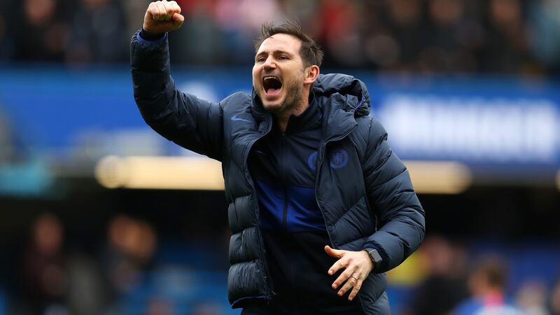Frank Lampard celebrates Chelsea’s win over Tottenham at Stamford Bridge. Photograph: Catherine Ivill/Getty