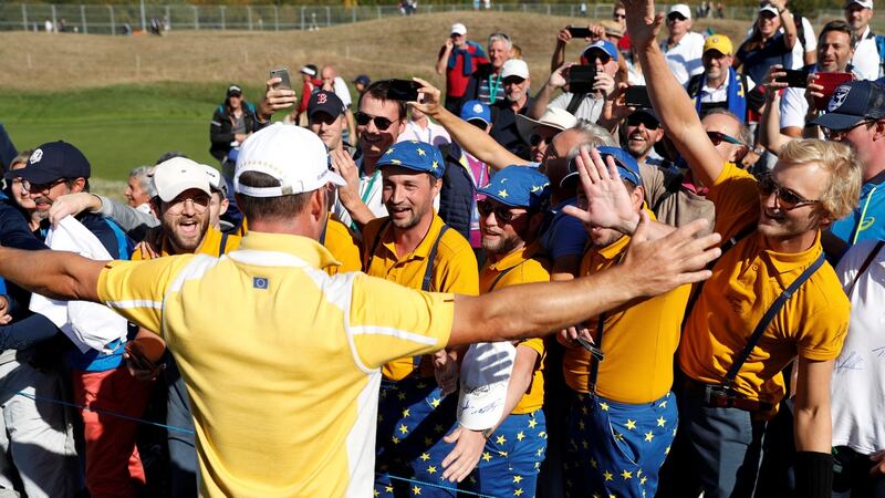 Team Europe’s Paul Casey with fans during practice in Paris. Photograph: Paul Childs/Reuters