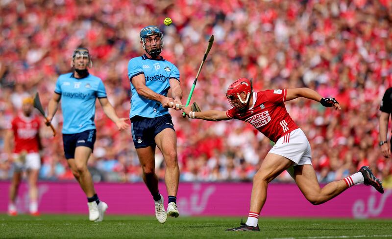 Dublin’s Riain McBride and Ciarán Joyce of Cork. Photograph: Ryan Byrne/Inpho
