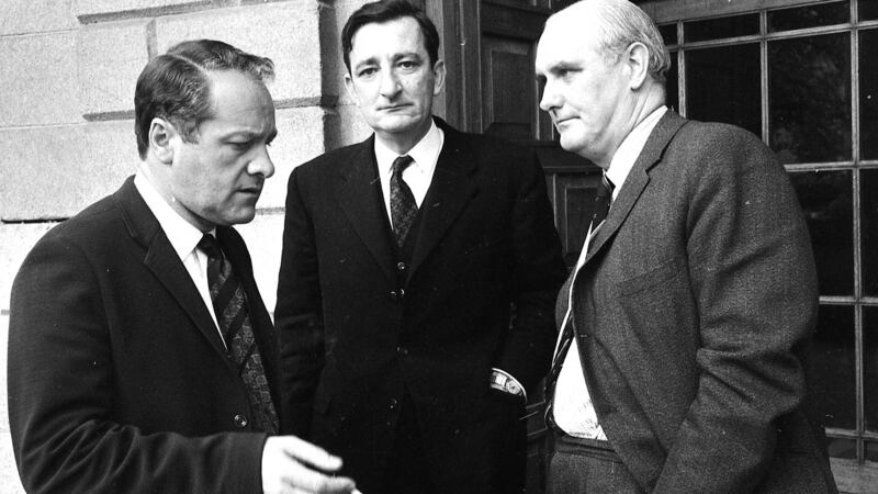DJ Mullane (left), Jim Gibbons, the Minister for Agriculture and Fisheries, who appeared as a witness, and Coll PJ Delaney, Director of Army Intelligence, outside the Four Courts. Photograph: Tommy Collins