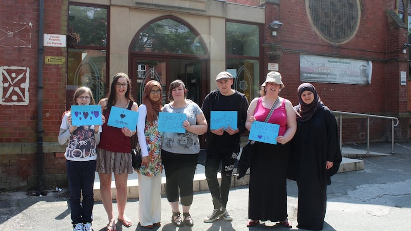 Members of a “Peace Chain” in support of the Muslim community at Didsbury mosque in south Manchester where suicide bomber Salman Abedi (22) prayed. Photograph: Simon Carswell