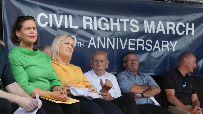 Sinn Féin president Mary Lou McDonald (left) with Emma Rogan MLA during the 37th National Hunger Strike Commemoration in Castlewellan, Co Down. Photograph: Niall Carson/PA Wire