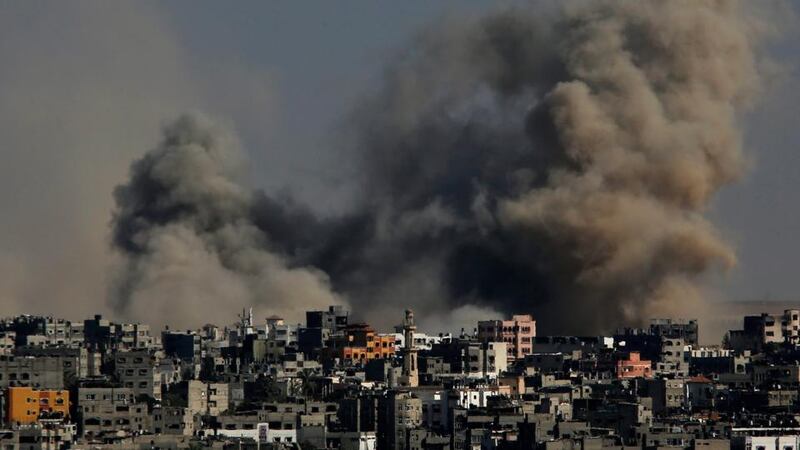 Smoke rises after an Israeli air strikes in the Al Shejaeiya neighbourhood during a military operation in the east Gaza City today. Photograph: Mohammed Saber/EPA