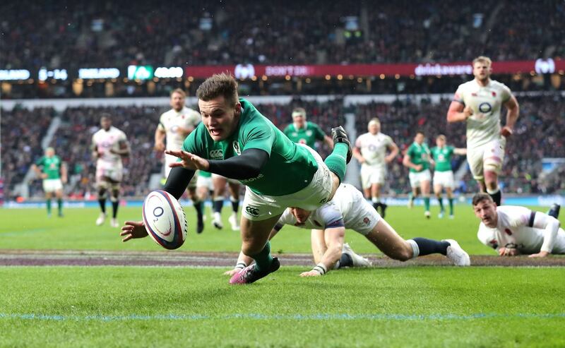 Jacob Stockdale scores Ireland’s third try at Twickenham. Photograph:  Gareth Fuller/PA Wire.