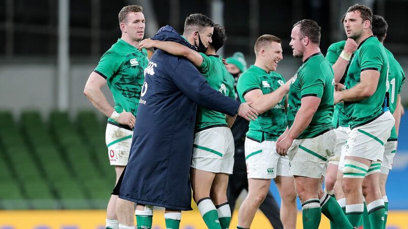 Johnny Sexton celebrates with Jamison Gibson-Park after Ireland’s win over Wales. Photograph: Laszlo Geczo/Inpho