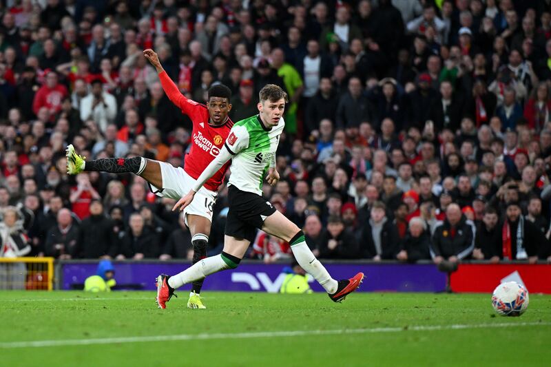Amad Diallo concludes a brilliantly bonkers contest by scoring Manchester United's winning goal against Liverpool. Photograph: Michael Regan/Getty Images