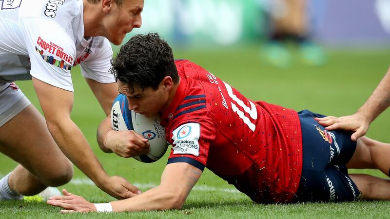 Joey Carbery scores during Munster’s Thomond Park win over Gloucester. Photograph: Ryan Byrne/Inpho