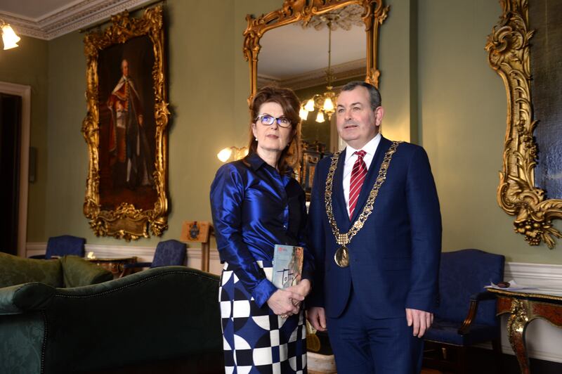 Christine Dwyer Hickey with the then lord mayor of Dublin, Tom Brabazon, at the One City One Book festival in 2020. Photograph: Dara Mac Dónaill

