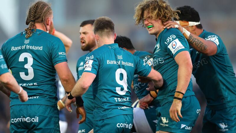 Connacht’s Cian Prendergast (second from right) celebrates a turnover during the Heineken Champions Cup Round of 16, first-leg match against Leinster at the Sportsground. Photograph: James Crombie/Inpho
