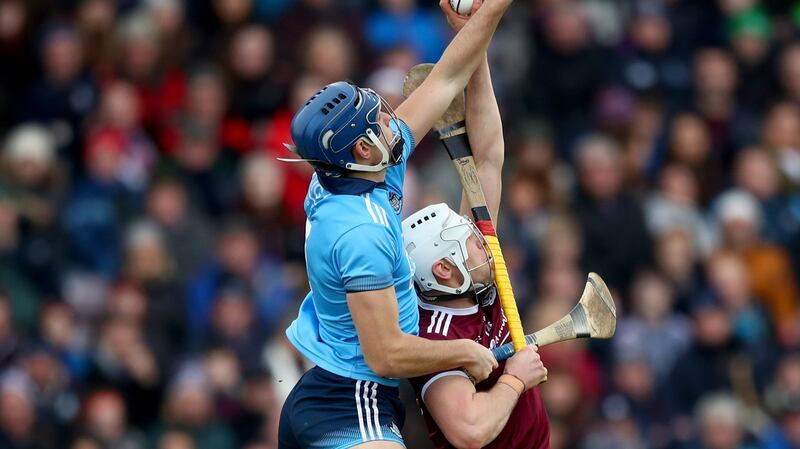Dublin’s Eoghan O’Donnell competes with Galway’s Jason Flynn at Pearse Stadium. Dublin had a good league, beating both Waterford and Tipperary and putting it up to Limerick for long spells in the semi-final. Photograph: James Crombie/Inpho