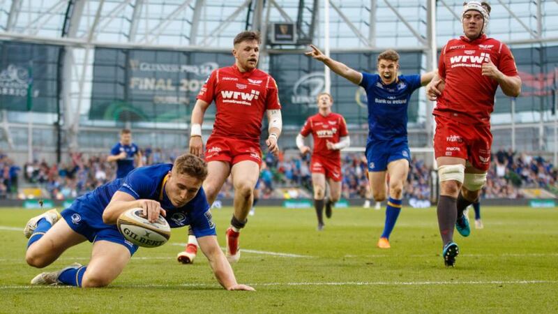 Leinster’s Jordan Larmour  goes over to score  a try against the Scarlets in the Guinness Pro 14 final at the Aviva Stadium. Photograph: James Crombie/Inpho