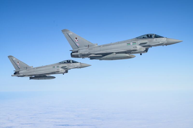 RAF Typhoon fighter jets over the North Sea in April 2023. Photograph: Leon Neal/Getty