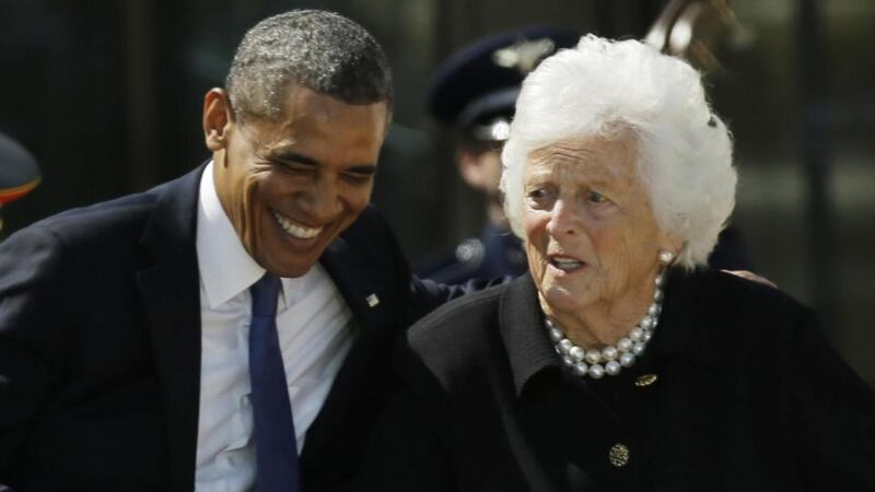 US president Barack Obama laughs with former first lady Barbara Bush during the dedication of the George W Bush Presidential Centre in Dallas, Texas, last Thursday. Photograph: AP Photo/David J. Phillip