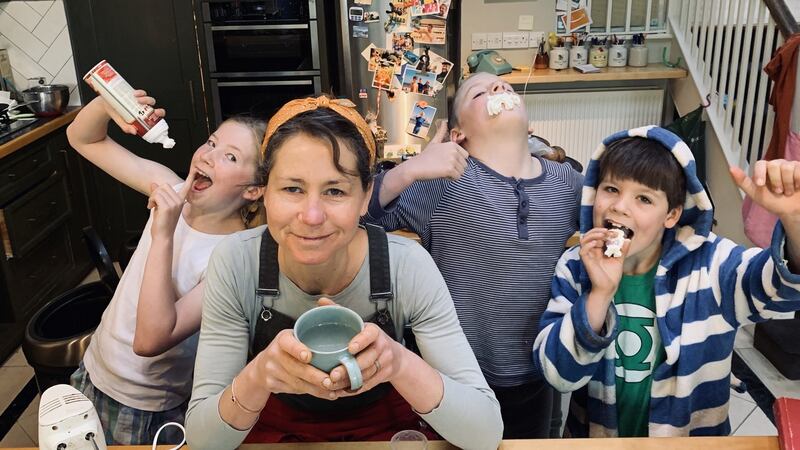 Ottolenghi test kitchen team member Tara Wigley, who was set to go on a book tour before the pandemic changed things, with her three children, from left, Scarlett, Theo and Caspar, at home in London.