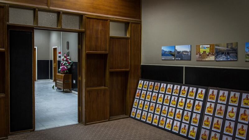 A room  at the Baghdad headquarters of Iraq’s counterterrorism intelligence unit, known as the Falcons. The rows of photos show Islamic State members who were caught and executed because of the agency’s work. Photograph: Ivor Prickett/The New York Times