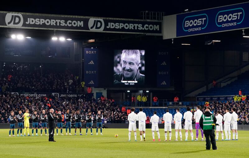 Leeds United and Swansea players observe a minute's applause in midweek in memory of former England and Leeds manager Terry Venables. Photograph: Danny Lawson/PA Wire