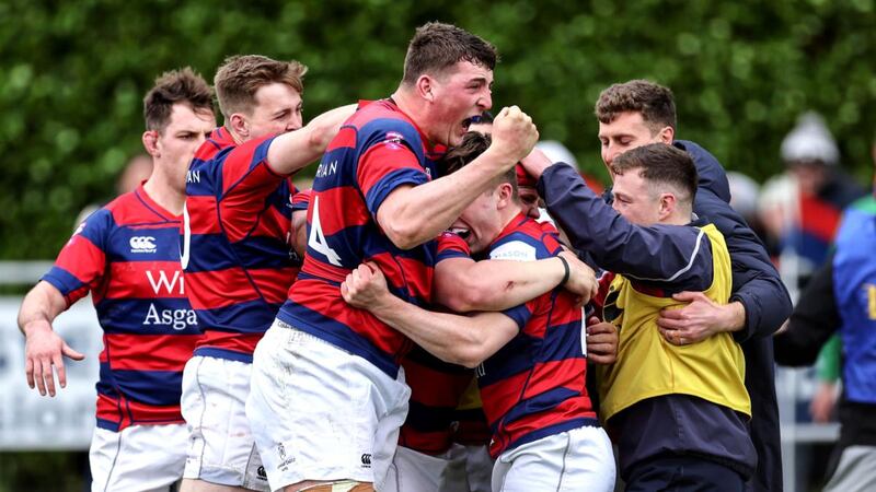 Clontarf’s Fionn Gilbert celebrates Tadhg Bird’s try in the AIL Division 1 semi-final between Clontarf and Cork Constitution at  Castle Avenue, Clontarf on Saturday April 23rd. Photograph: Dan Sheridan/Inpho