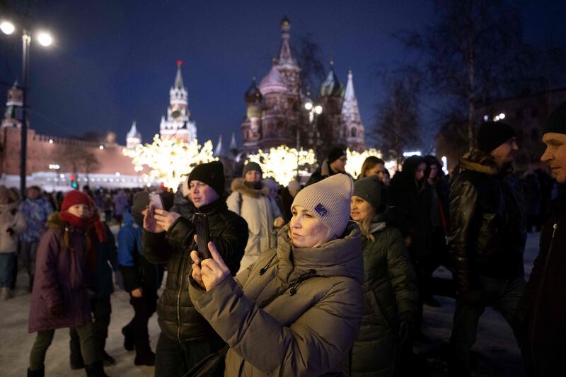 Members of the public at Moscow's central Zaryadye park, a short distance from the Kremlin.  Photograph: Natalia Kolesnikova/AFP via Getty Images