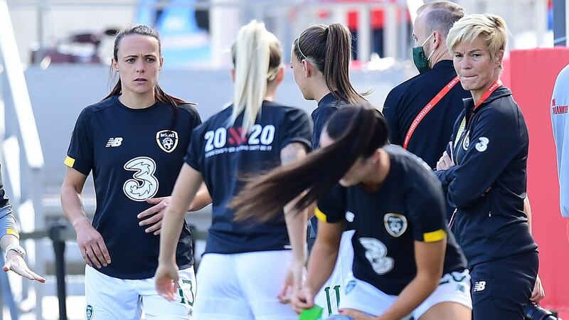 Ireland’s Áine O’Gorman and coach Vera Pauw at the Women’s European Championship qualifier against Germany in Essen on Saturday. Photograph: Tim Groothuis/Inpho