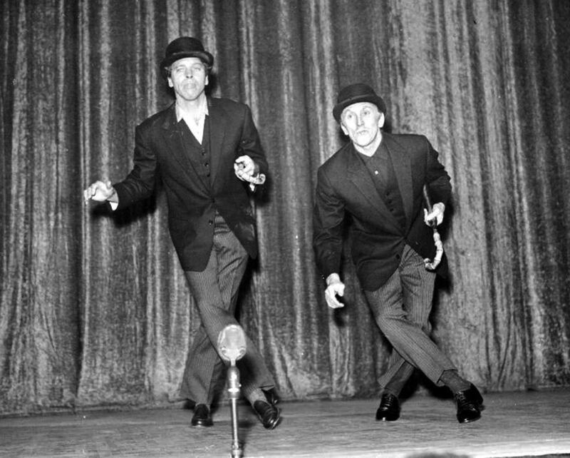 Actors Burt Lancaster and Kirk Douglas (right) rehearsing their song and dance act in preparation for Night of 100 Stars at the London Palladium on August 31st, 1993. Photograph: staff/PA Wire