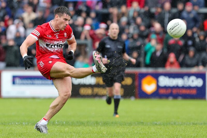 Derry's Conor Doherty scores with the last kick of the game against Galway in their All-Ireland SFC round-robin match. Photograph: Lorcan Doherty/Inpho