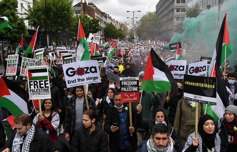 Protesters in London  attend a rally on Saturday to express solidarity with Palestine. Photograph: Getty