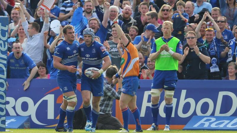 Leinster’s Shane Jennings celebrates his try against Glasgow Warriors in the PRO12 Final at the RDS. Photograph:  Niall Carson/PA Wire