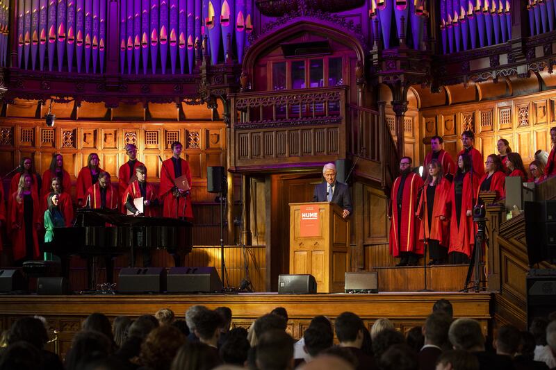 Former US president Bill Clinton gives a speech at a posthumous tribute for two of the main architects of the Belfast Agreement, the late John Hume and former first minister of Northern Ireland David Trimble, in the Guildhall in Derry. Photograph: Liam McBurney/PA
