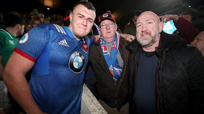France’s Daniel Brennan with his grandfather Rory Brennan and father and former Ireland international Trevor Brennan after France’s opening 2018 Under-20 Six Nations 34-24 win over Ireland in Bordeaux. Photograph: Bryan Keane/Inpho