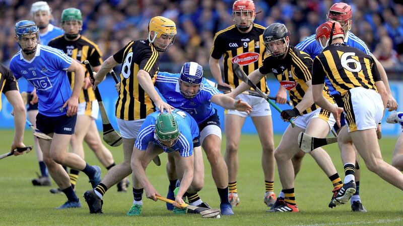 Kilkenny and Dublin contest during their Leinster SHC opener in Parnell Park. Photograph: Donall Farmer/Inpho