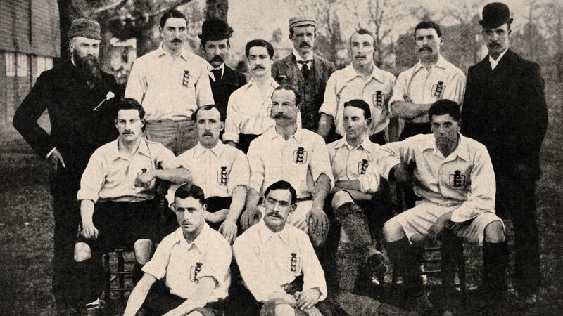 John Reynolds (seated, second from left middle row) with the England team that faced  Scotland at Richmond, 1st April 1893. . England won 5-2. Photograph:  Popperfoto/Getty Images