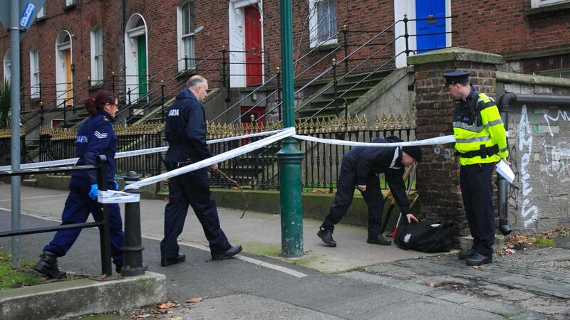 Gardaí at the scene of a stabbing the Drumcondra Road Lower between Clonliffe Road and the Archbishop’s House, Dublin. Photograph: Gareth Chaney/Collins