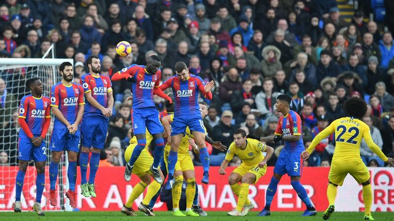 Willian’s first-half free-kick hits the post at Selhurst Park. Photograph: Ben Stansall/AFP/Getty