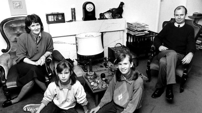 Eavan Boland with her husband Kevin Casey ansd their two daughters, Sarah and Eavan at home in Dundrum, Co Dublin in 1988.