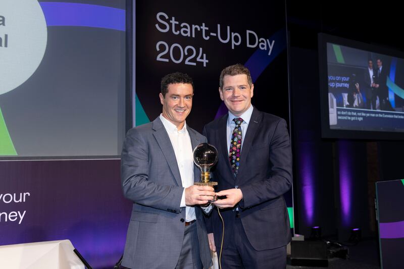 Dr Cormac Farrelly of LaNua Medical and Minister for Enterprise Peter Burke at the Enterprise Ireland Start-Up Day. Photograph: Shane O'Neill/Coalesce