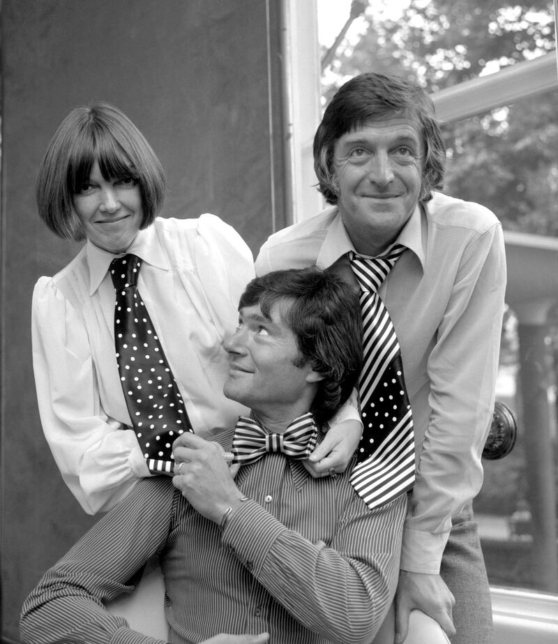 An image from 1972 of Mary Quant with her hair stylist Vidal Sassoon, centre, and TV presenter Michael Parkinson. They are all wearing Quant neckware designs. Photograph: PA