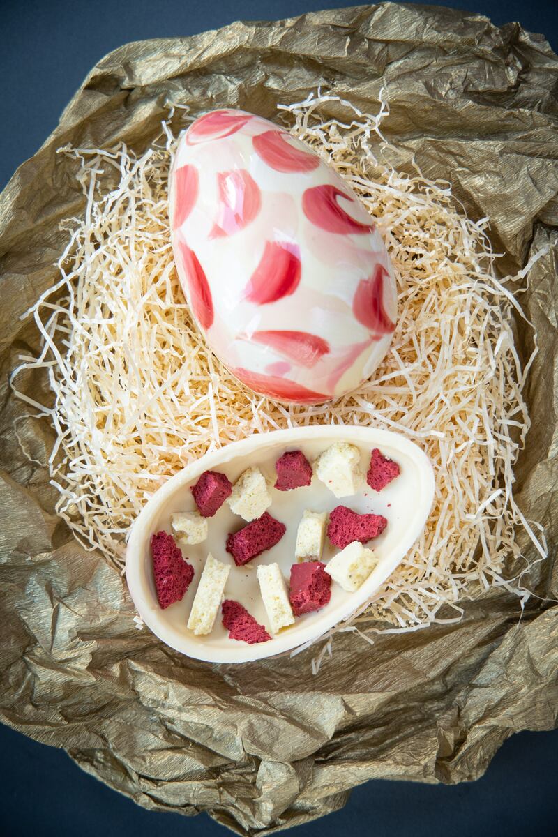 Hand-painted white chocolate and strawberry egg by Grá Chocolates