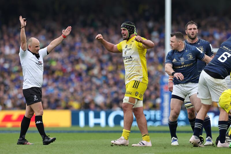 Gregory Alldritt of La Rochelle reacts after winning a penalty during the Heineken Champions Cup Final. Photograph: David Rogers/Getty