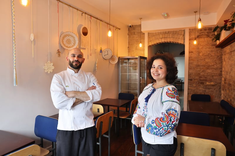 Viktoriia Horbonnos and her husband Mykola Kuleshov at Lucy on Clanbrassil Street, Dublin.  
Photograph: Dara Mac Dónaill