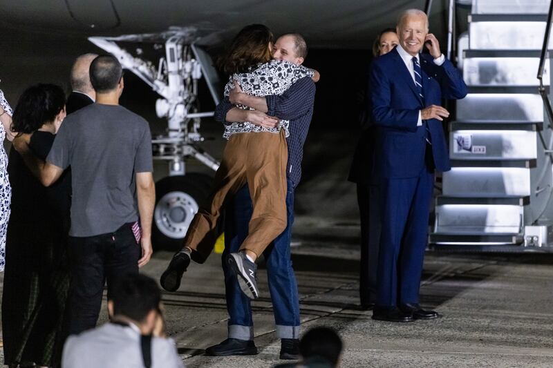 Wall Street Journal reporter Evan Gershkovich hugs his mother, Ella Milman, after his arrival in the US. Photograph: Jim Lo Scalzo/EPA