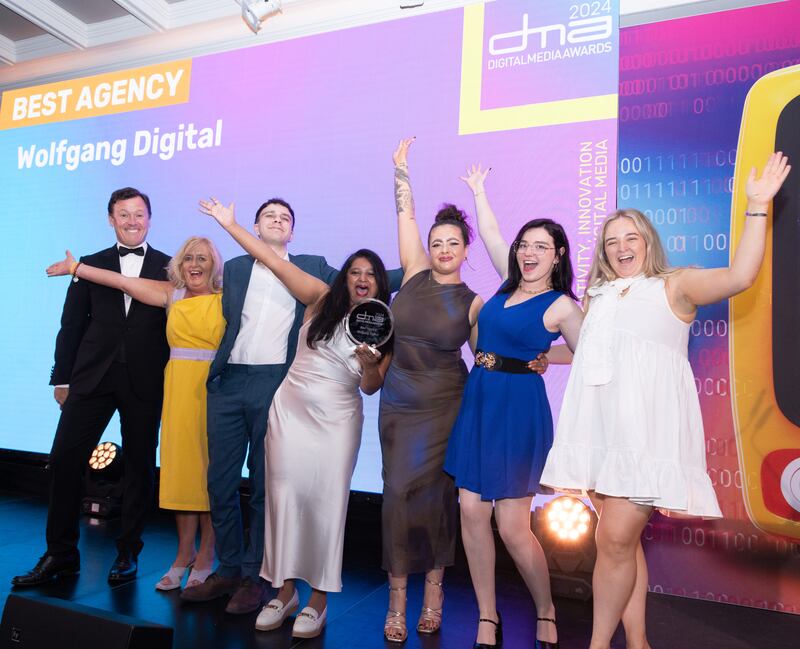 Wolfgang Digital accepting Best Agency Award of the Year 2024. Hosted by Anton Savage and Presented by Trish Murphy, Sponsorship Director of Digital Media Awards. Photograph: Paul Sherwood