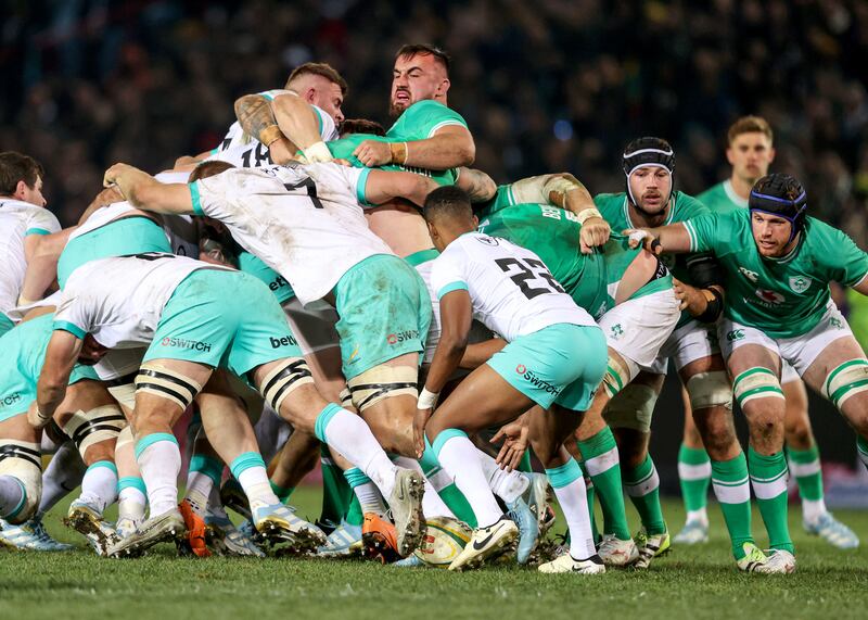 Ireland's Ronan Kelleher in a scrum against South Africa. The current scrum laws lead to a swathe of match-defining penalties and reduced ball in play time. Photograph: Dan Sheridan/Inpho 