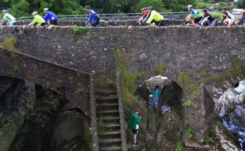 Riders crossing the Sneem Bridge during the the Ring of Kerry Charity Cycle. Photograph: Nick Bradshaw/The Irish Times